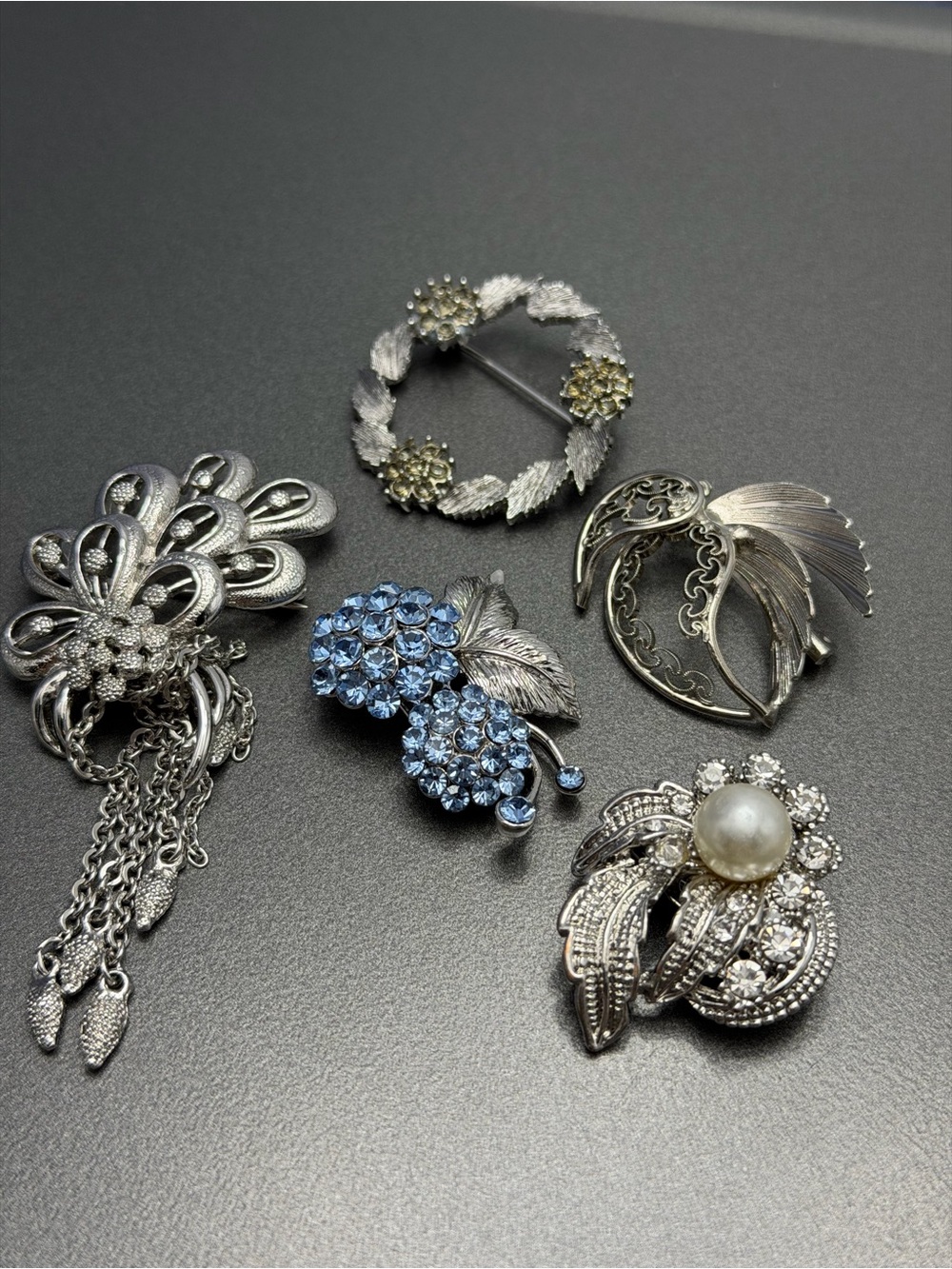 Vintage Silvery Floral Brooch lot of 5 #cz104